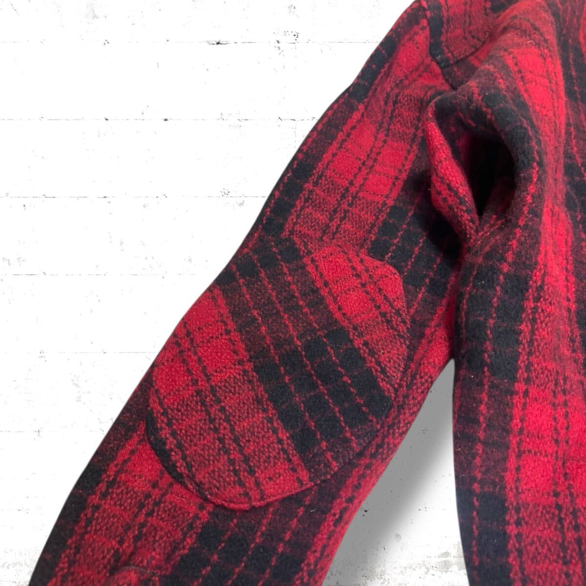日本製 桃太郎ジーンズ メルトンウール プルオーバー シャツ ジャケット ヘビーウエイト バッファロー ブロック チェック 赤 黒 S M_画像6