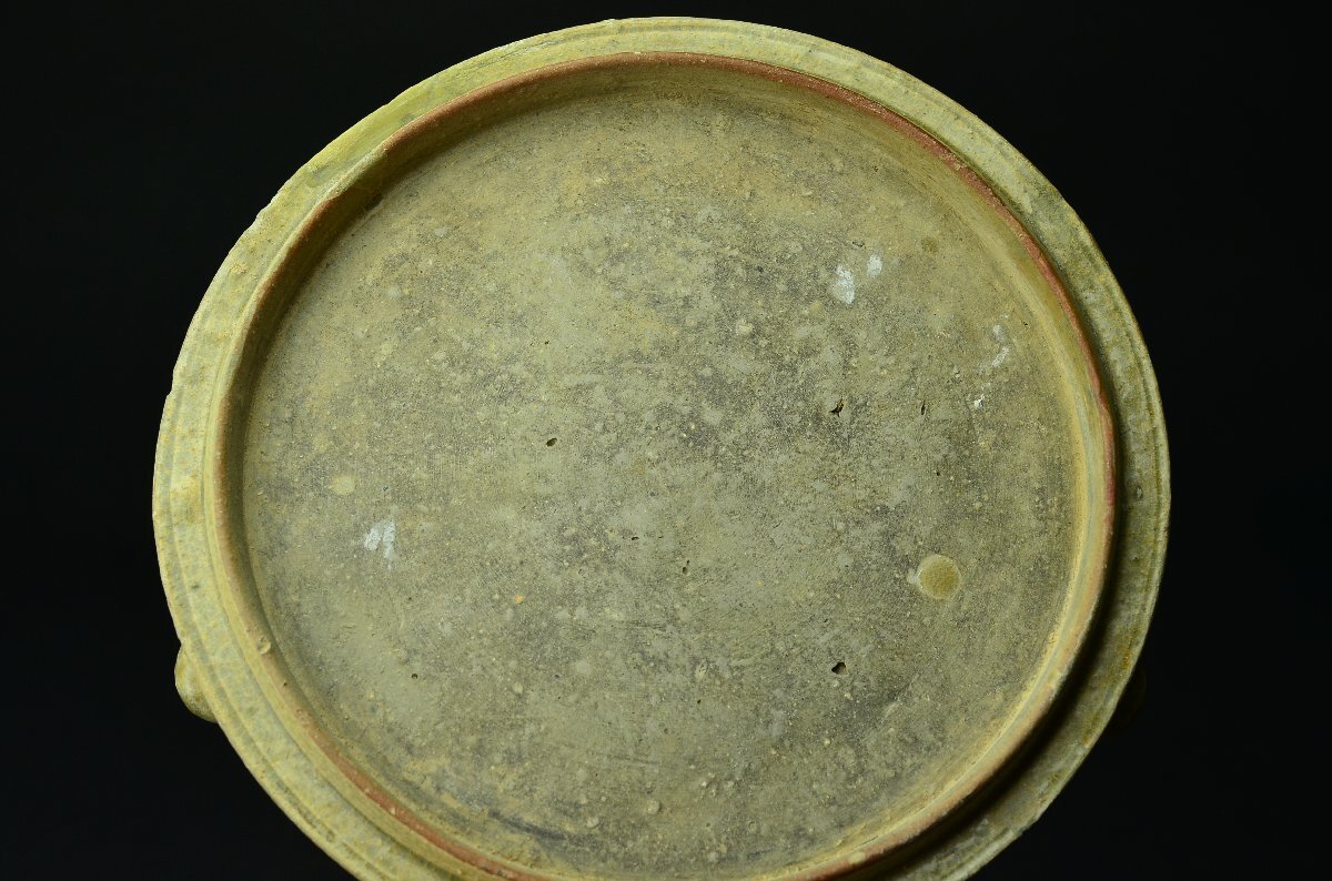 【YB】青磁三足円面硯臺★中國　晉時代（東晉）4世紀　　布箱付屬★中國古玩骨董25Y851