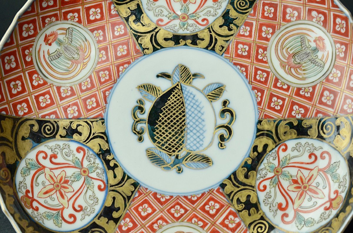 [YB] Edo времена старый Imari цветная роспись золотая краска . какой . документ sama тарелка *. коробка приложен * Япония старый . антиквариат 25Y1011