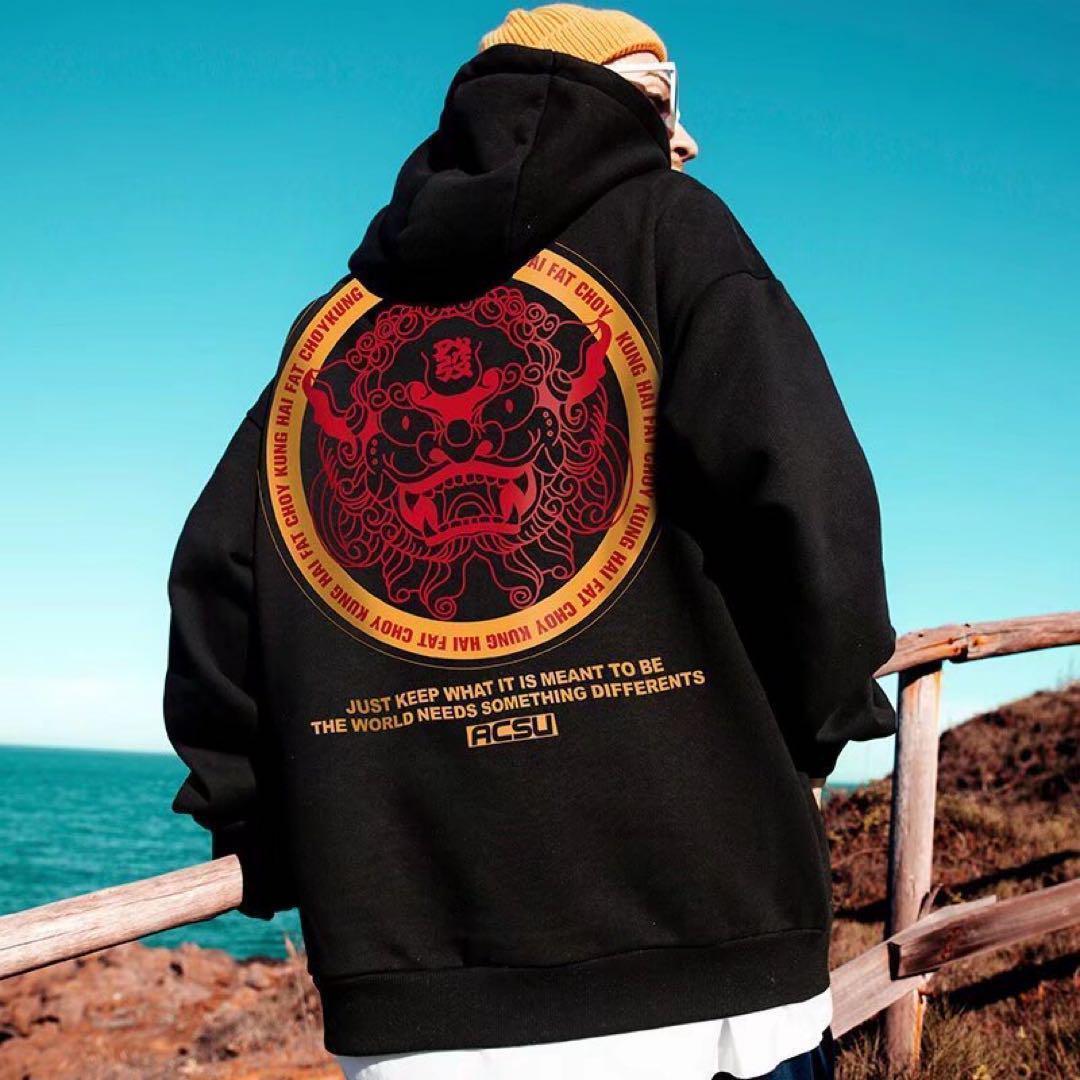 4L-5L パーカー 大きいサイズ ラージ 長袖 ドラゴン 獅子 裏起毛 黒_画像6