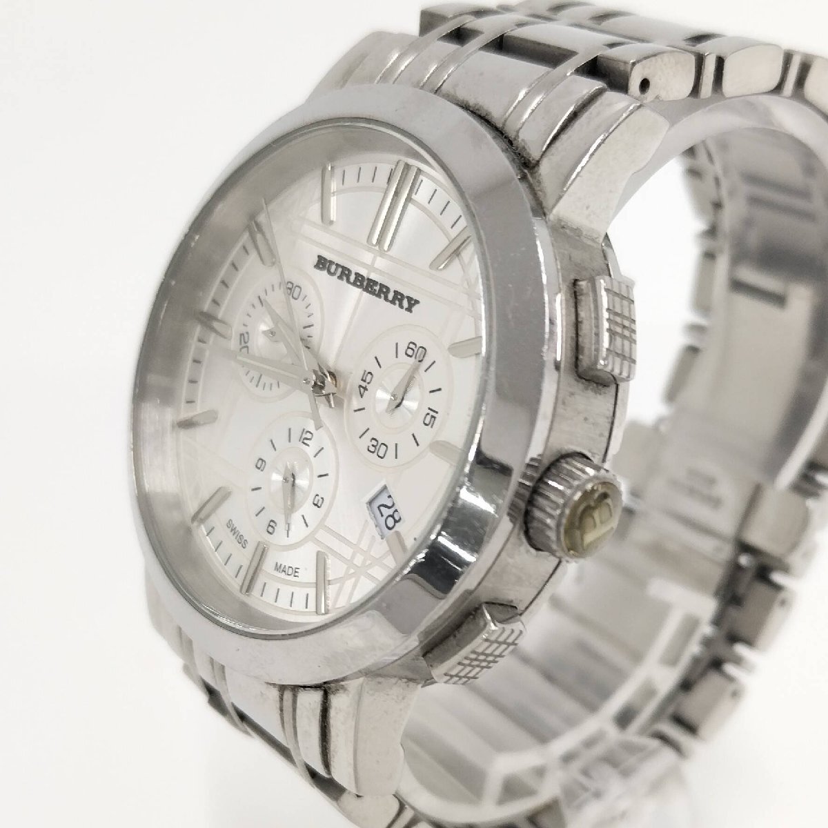 ●BURBERRY バーバリー BU1372 クロノグラフ メンズ腕時計 デイト クオーツ シルバー文字盤 SS 中古[ne]J21ma108_画像3
