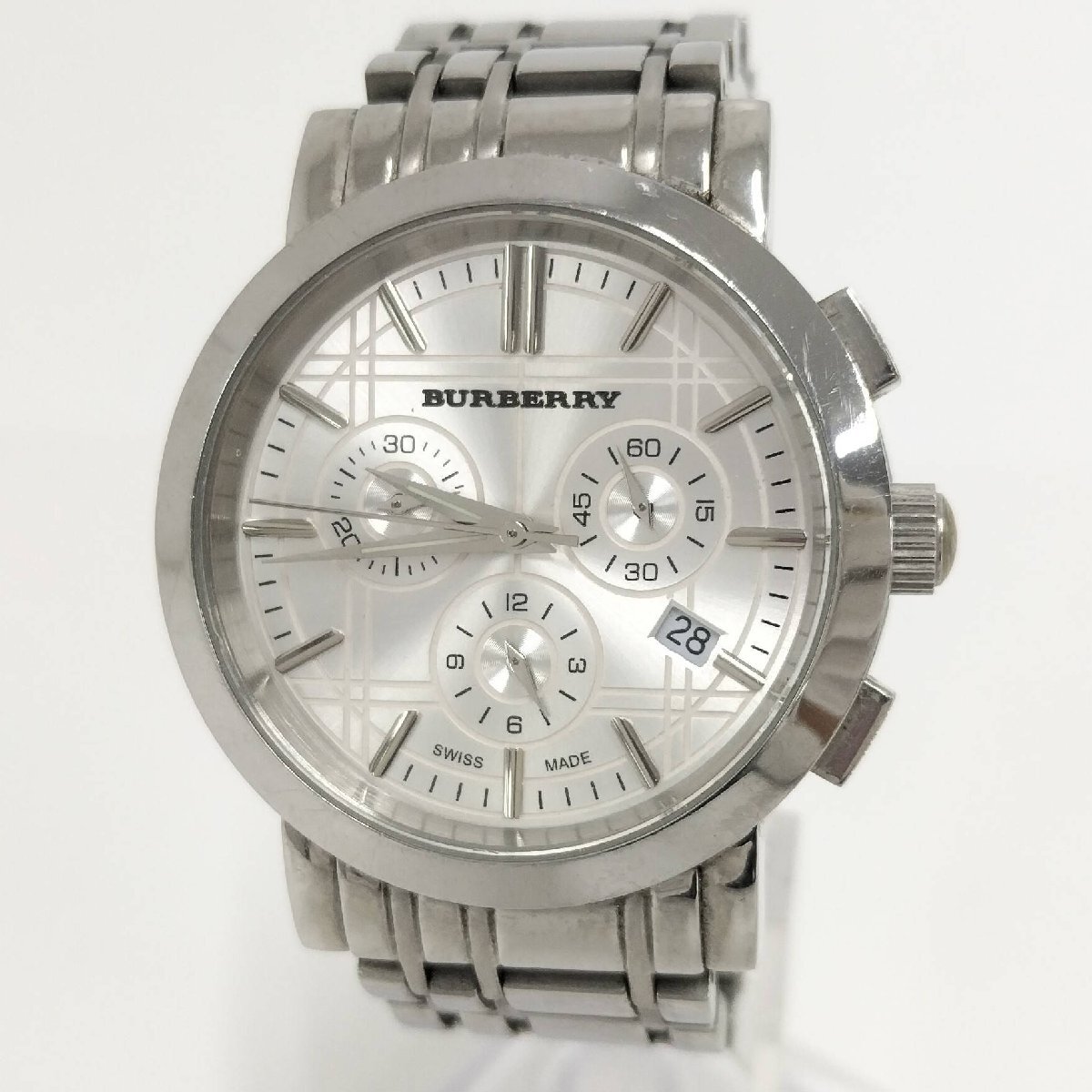 ●BURBERRY バーバリー BU1372 クロノグラフ メンズ腕時計 デイト クオーツ シルバー文字盤 SS 中古[ne]J21ma108_画像1