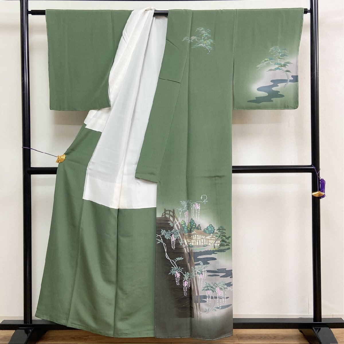 着物月花　作家物　仙頭刺繍　蘇州刺繍　平等院　風景　藤　訪問着　未使用品　正絹　金糸　共八掛　ki6079_画像5