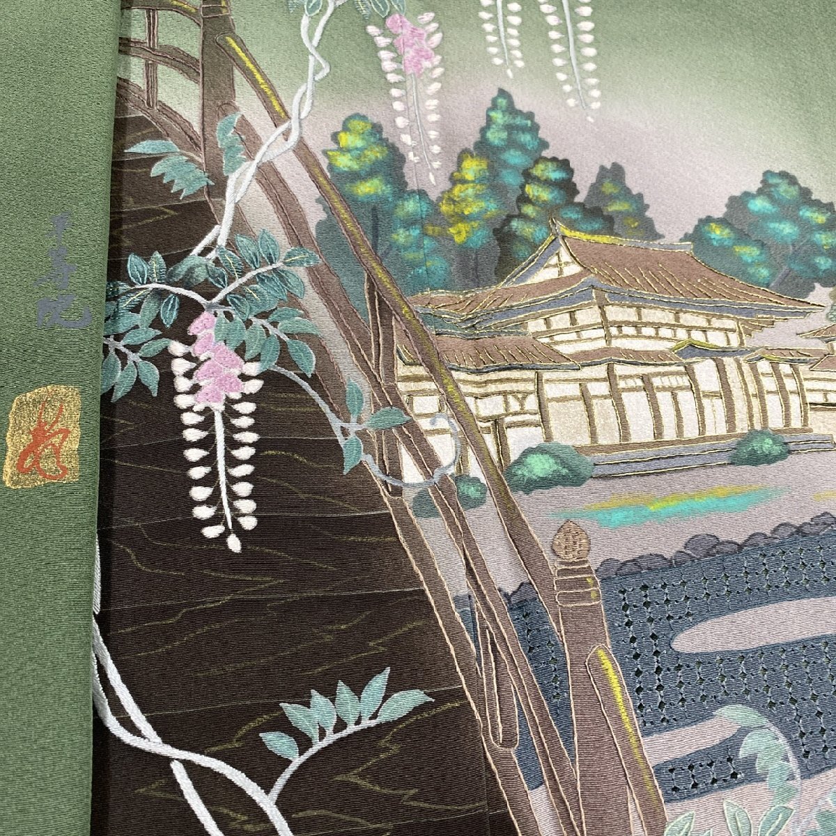 着物月花　作家物　仙頭刺繍　蘇州刺繍　平等院　風景　藤　訪問着　未使用品　正絹　金糸　共八掛　ki6079_画像1
