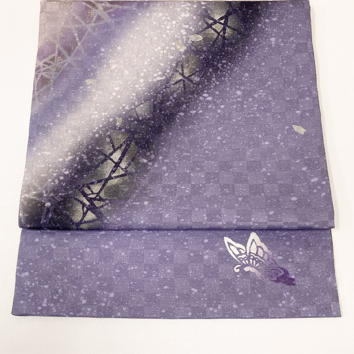 着物月花　ぼかし染　金彩　花びら　紬袋帯　お太鼓柄　正絹　ガード加工　ob7103_画像1