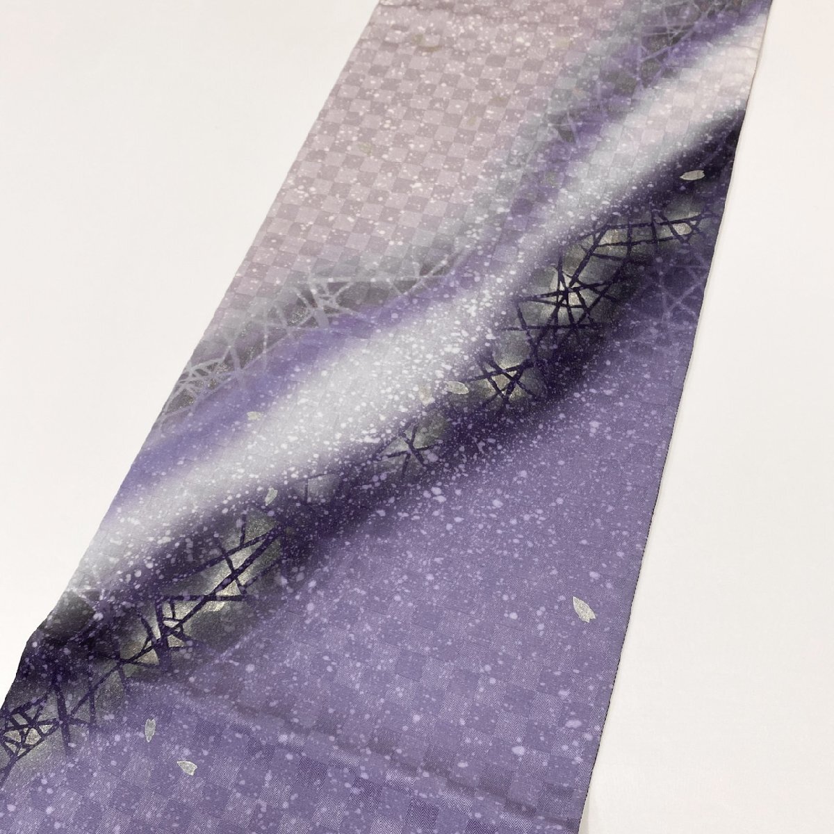 着物月花　ぼかし染　金彩　花びら　紬袋帯　お太鼓柄　正絹　ガード加工　ob7103_画像2