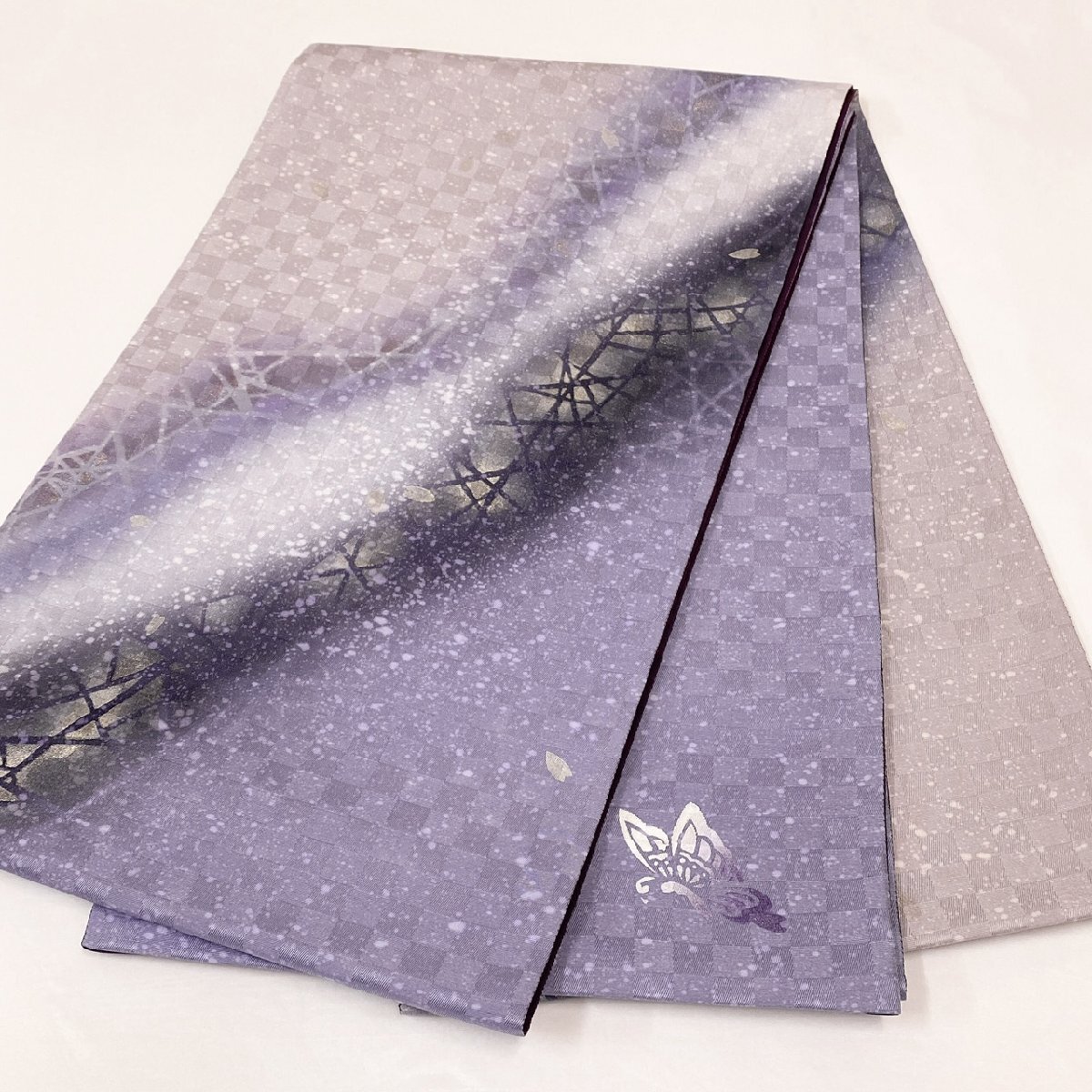 着物月花　ぼかし染　金彩　花びら　紬袋帯　お太鼓柄　正絹　ガード加工　ob7103_画像7