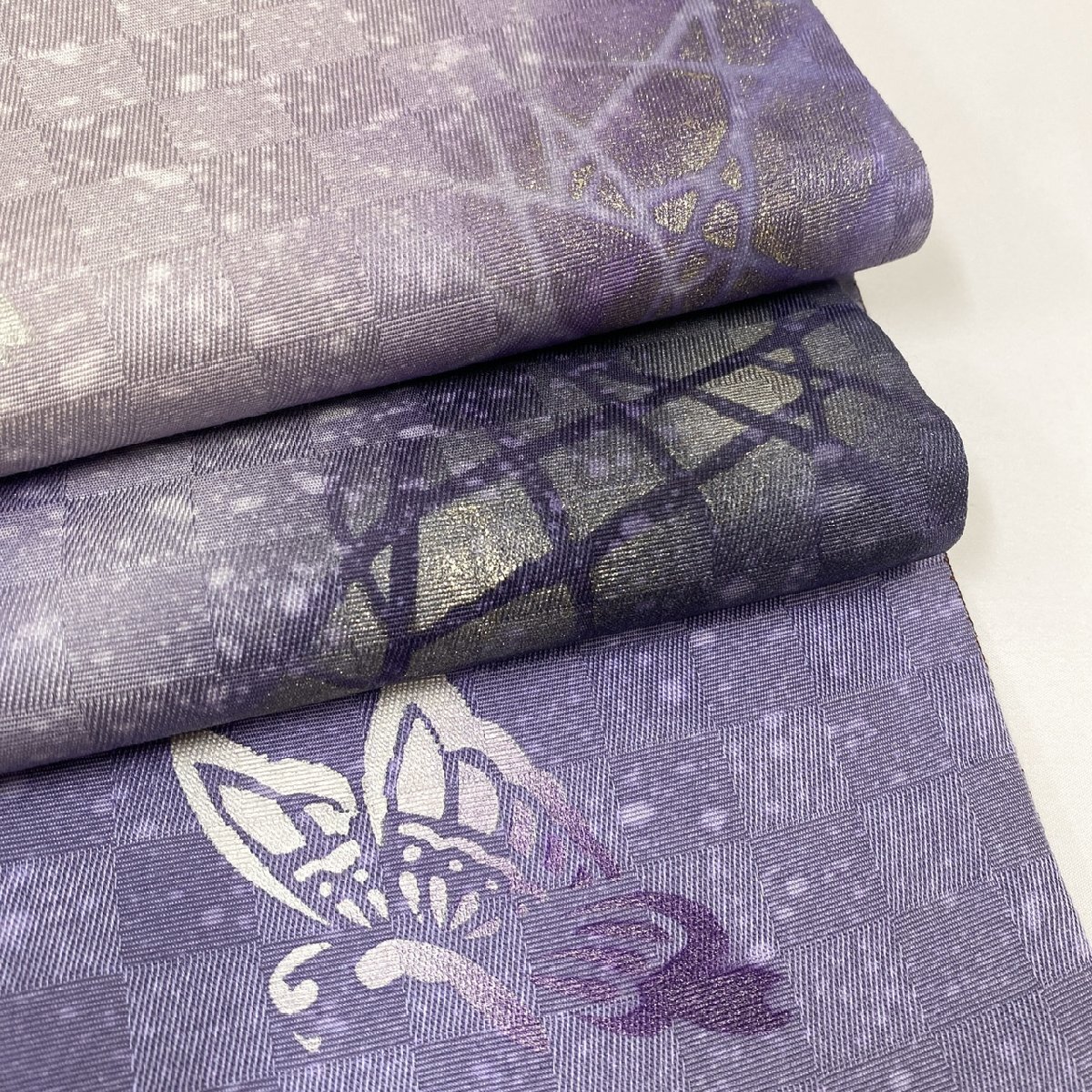 着物月花　ぼかし染　金彩　花びら　紬袋帯　お太鼓柄　正絹　ガード加工　ob7103_画像3