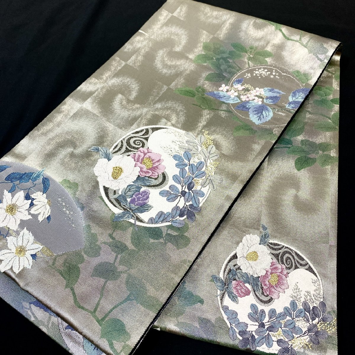 着物月花　引箔　品のある花　袋帯　六通柄　正絹　金銀糸　ob7196_画像1