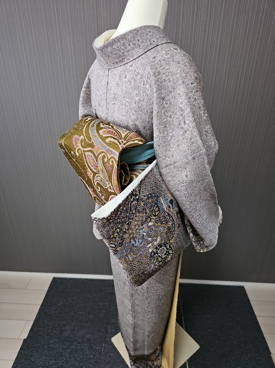 すずや■151正絹型染め【江戸更紗　更甚】付け下げ　裄丈66cm 　著丈167cm 　灰茶系