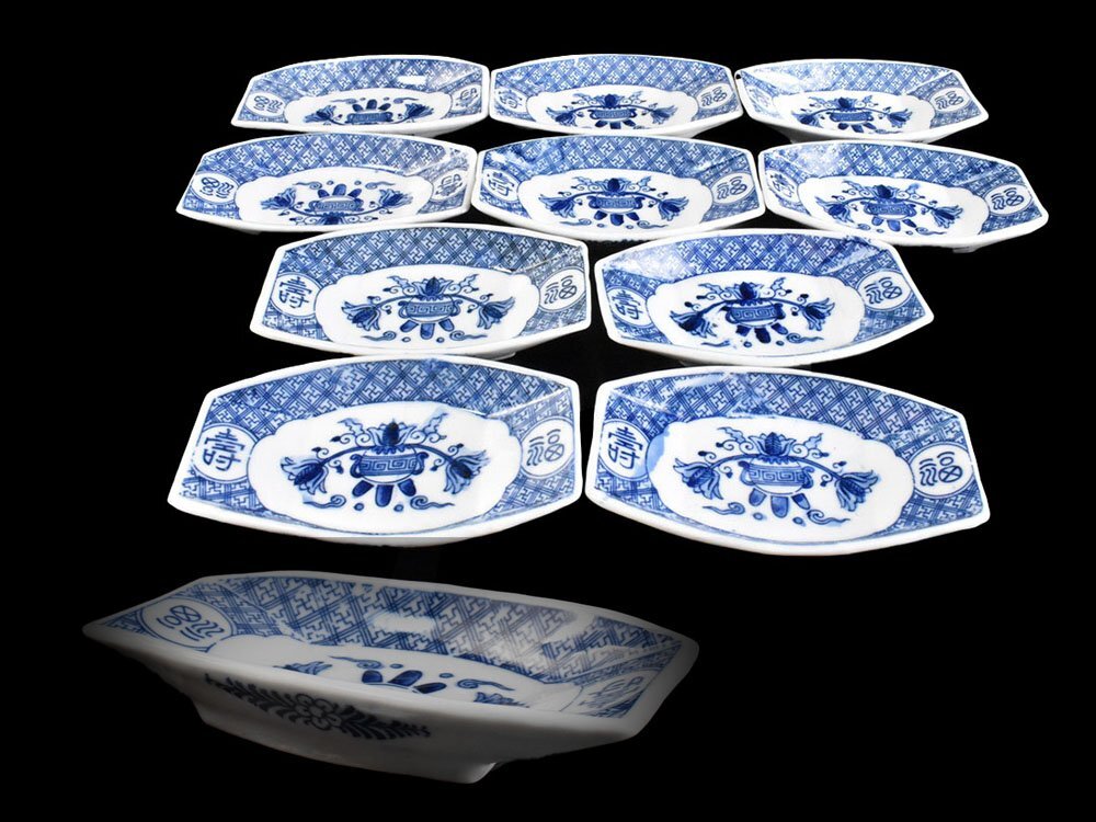 【雲】某名家収蔵品 古伊万里 染付 福壽文字絵付 舟形 盛皿 10客 古美術品(木瓜 変形 刺身 懐石料理道具 旧家蔵出)Y7150 CTDokyt_画像1