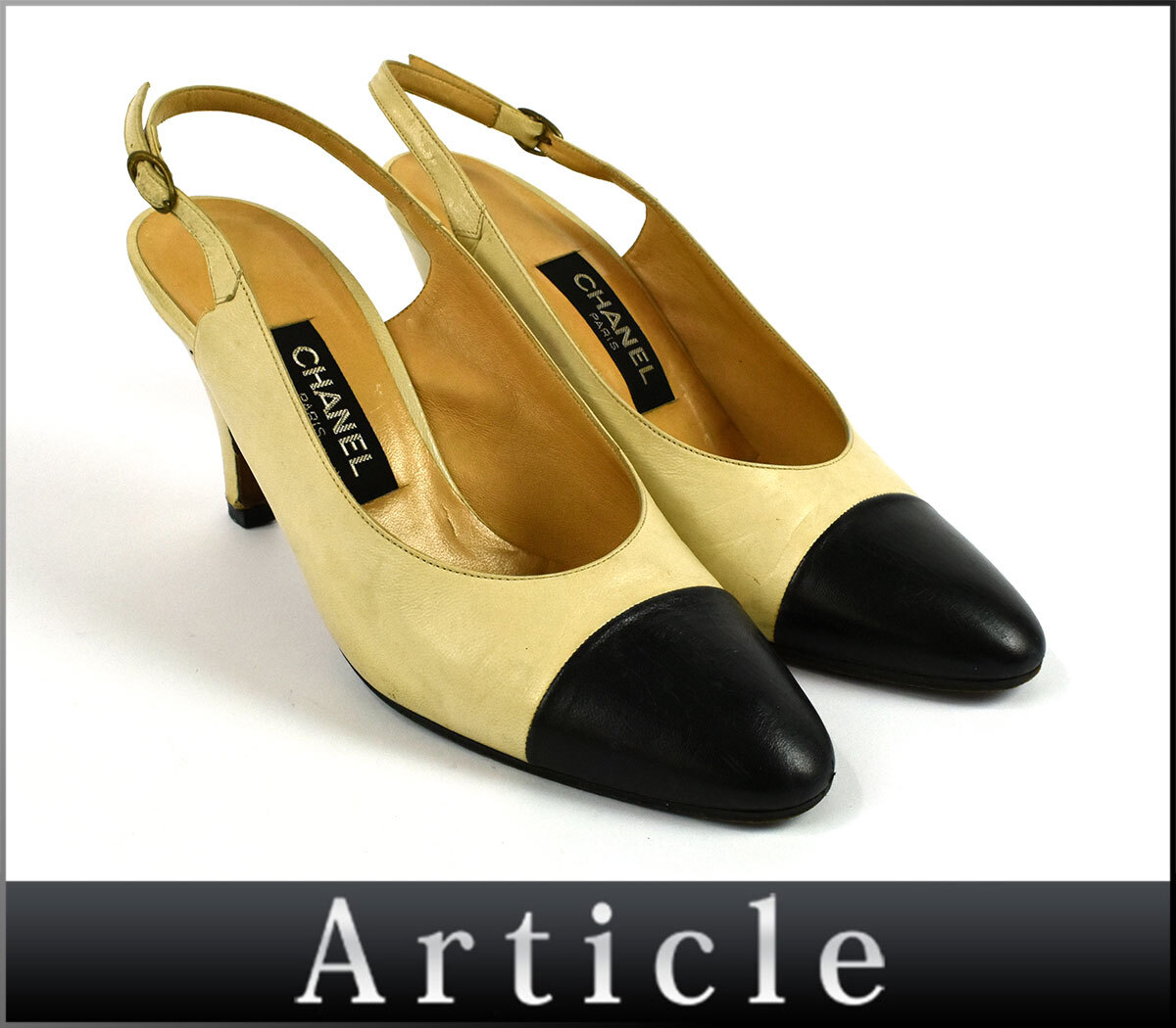 236176★ CHANEL シャネル バックストラップ パンプス 靴 36 23cm バイカラー レザー 革 ベージュ ブラック レディース 通勤/ F_画像1