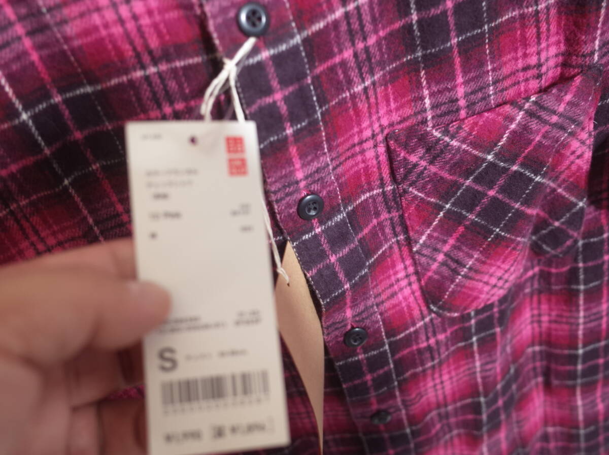 メンズ pn98 未使用品 UNIQLO ユニクロ カラーフランネル チェックシャツ 長袖 ネルシャツ S ピンク シャツ_画像3