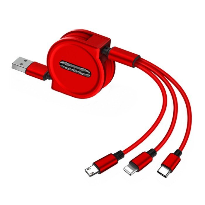 【VAPS_1】3in1 巻き取り 充電ケーブル 《レッド》 最長1.2m USBケーブル MicroUSB Type-C iPhone マイクロUSB タイプC iphone 送込_画像1