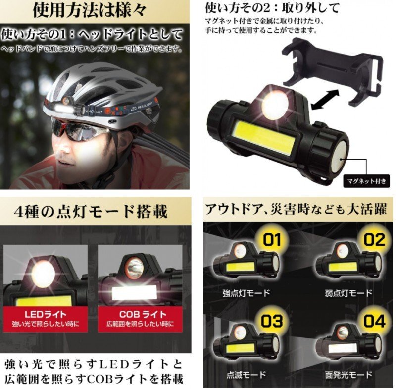 【vaps_5】USB充電式ヘッドライト LED 明るい COB 生活防水 マグネット付 壁掛けライト 防災(zāi) 作業(yè)燈 アウトドア 釣り 自転車 EDN-408 送込