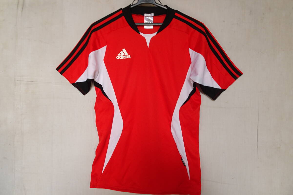 adidas/アディダス/半袖Tシャツ/速乾性/黒3本ラインテープ/白・黒切替配色/スポーツ/赤/レッド/Sサイズ(10/6R7)_画像1