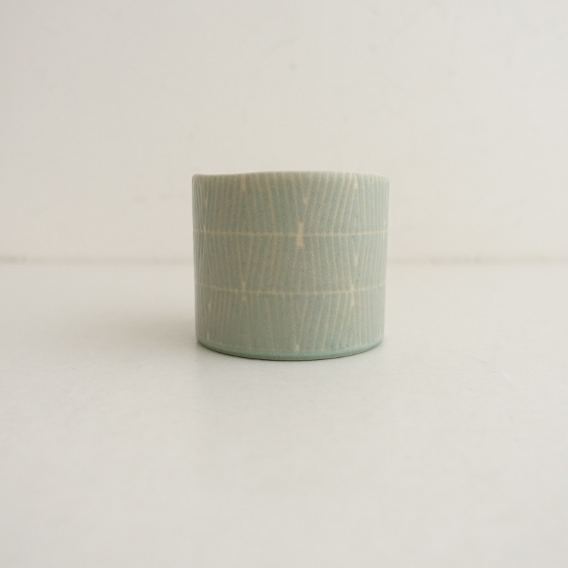 【美品】吉村和美 *線刻 フリーカップ*食器コップキッチン作家グリーン【陶器】(wa23-2509-77)【81J52】_画像2