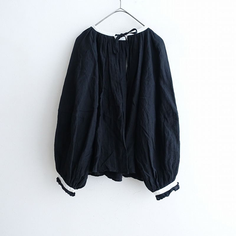 【未使用/定価2.3万】ガーゼ Gauze# *バイカラー2WAYギャザーブラウス*F前開き長袖リネン麻ブラック黒薄手(j4-2509-79)【91J52】_画像2