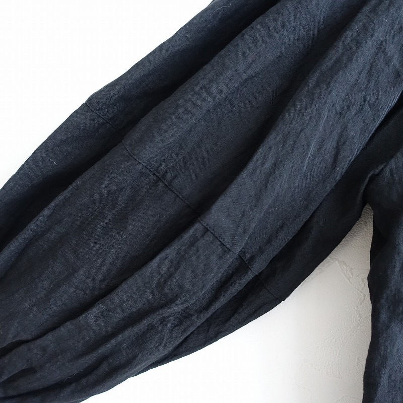 【未使用/定価2.3万】ガーゼ Gauze# *バイカラー2WAYギャザーブラウス*F前開き長袖リネン麻ブラック黒薄手(j4-2509-79)【91J52】_画像3