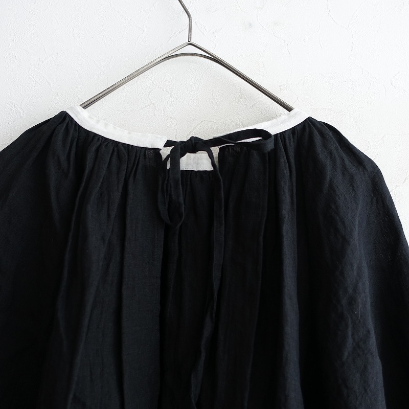 【未使用/定価2.3万】ガーゼ Gauze# *バイカラー2WAYギャザーブラウス*F前開き長袖リネン麻ブラック黒薄手(j4-2509-79)【91J52】_画像6
