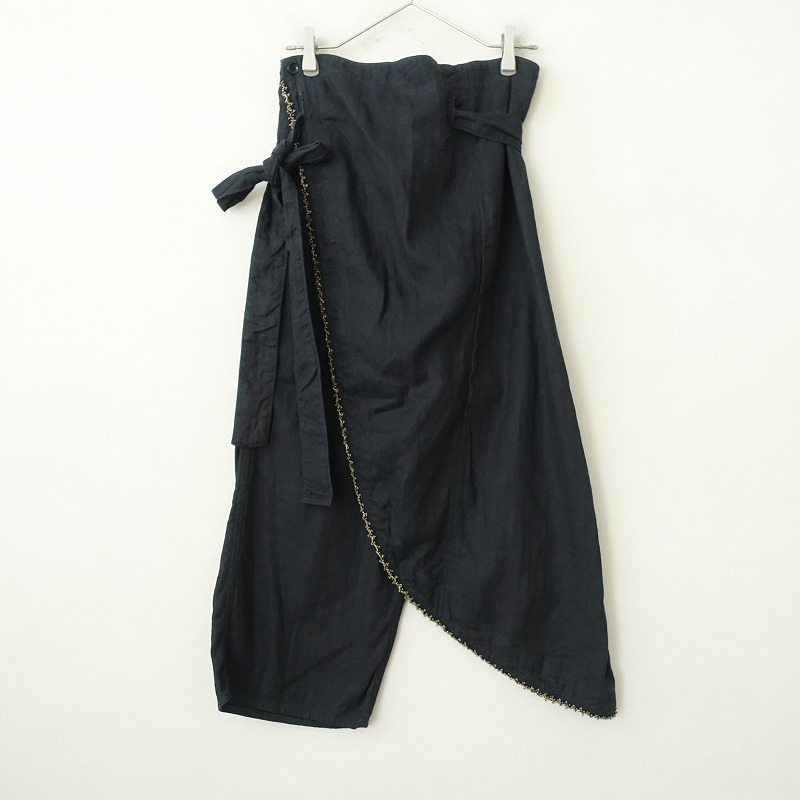 キャピタル KAPITAL *ビーズ装飾パンツ*1/Sリネンコットン麻綿ヘリンボーン織ブラック黒ラップ風(25-2510-9)【52J52】_画像1