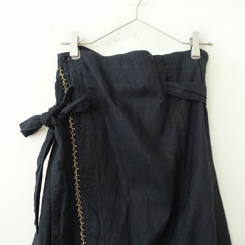 キャピタル KAPITAL *ビーズ装飾パンツ*1/Sリネンコットン麻綿ヘリンボーン織ブラック黒ラップ風(25-2510-9)【52J52】_画像3