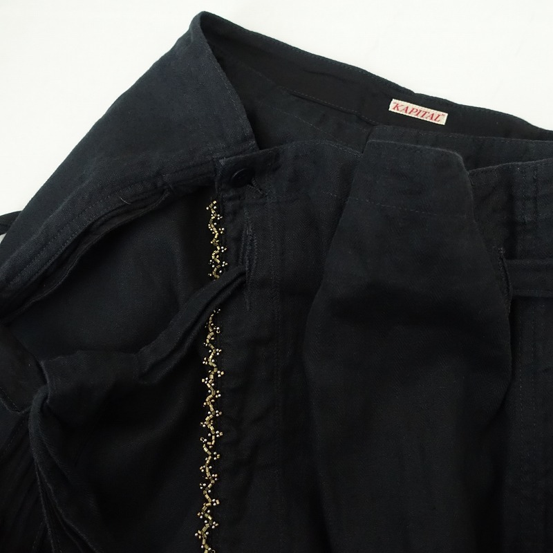キャピタル KAPITAL *ビーズ装飾パンツ*1/Sリネンコットン麻綿ヘリンボーン織ブラック黒ラップ風(25-2510-9)【52J52】_画像8