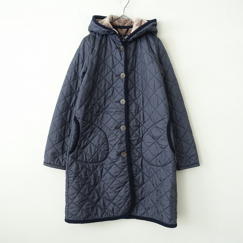 ラベンハム LAVENHAM *フーデッドキルティングコート*38ジャケット中綿アウターフードシングル紺ネイビー(jk1-2509-586)【82J52】_画像1