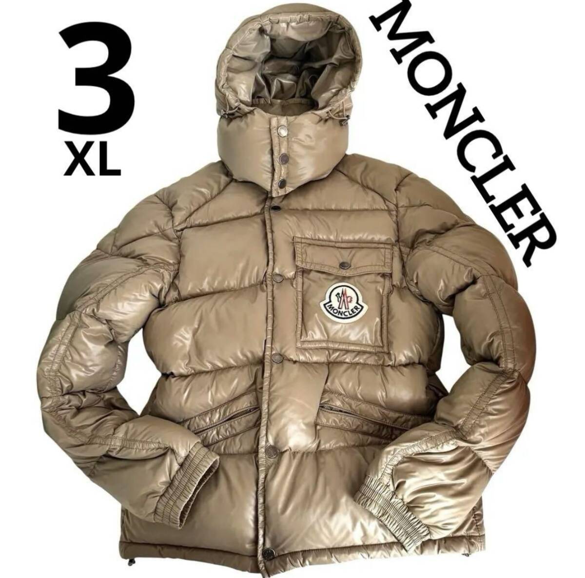 真冬の王者 大きいサイズ MONCLER モンクレール ダウンジャケット ダウン デカワッペン ワッペン ロゴ フード付 取外可 3 XL ベージュ_画像1