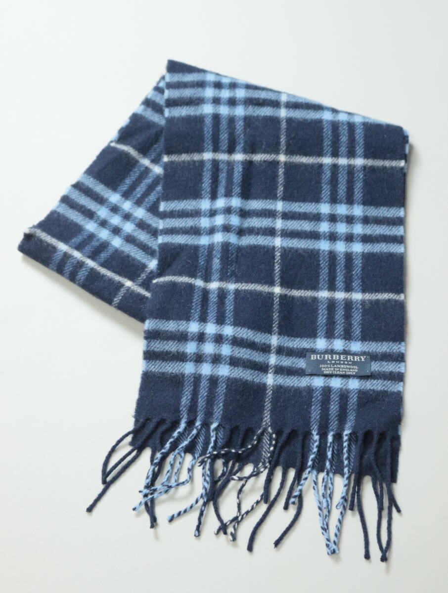 C54/Burberry/バーバリー/イギリス製/MADE IN ENGLAND/ノバチェック/ブルー/ゆうパケット対応/ラムウールマフラー/Lambswool/フリンジ_画像1