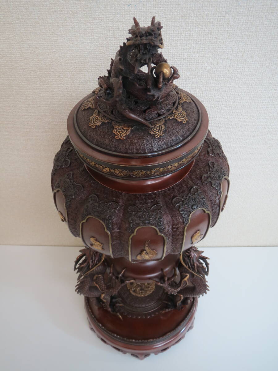 大日本文政年整珉鋳　銅製　龍獅子干支紋　象嵌　特大香炉（高さ：約59cm）　村田整珉_画像2