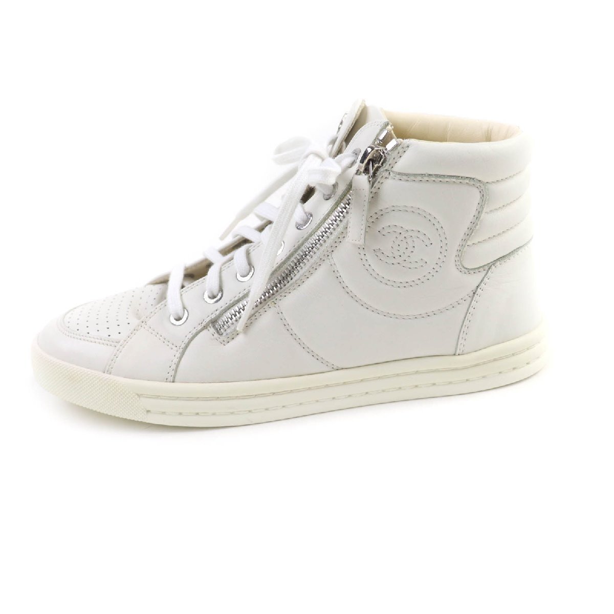 美品★CHANEL シャネル G29689 ココマーク サイドジップ レースアップ レザー ハイカットスニーカー ホワイト 37.5 保存袋付き 伊製_画像5