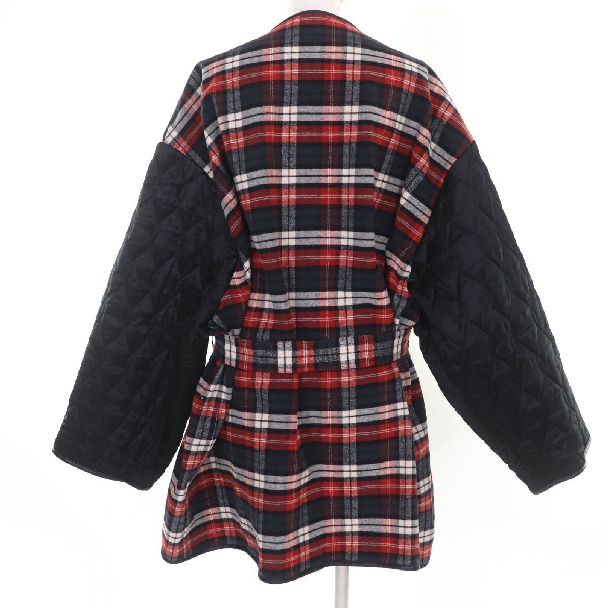 極美品☆BALENCIAGA バレンシアガ 19SS 556363 チェック柄 キルティング・レザー切替 ベルト付 コート レッド系 36 正規品 レディース_画像3