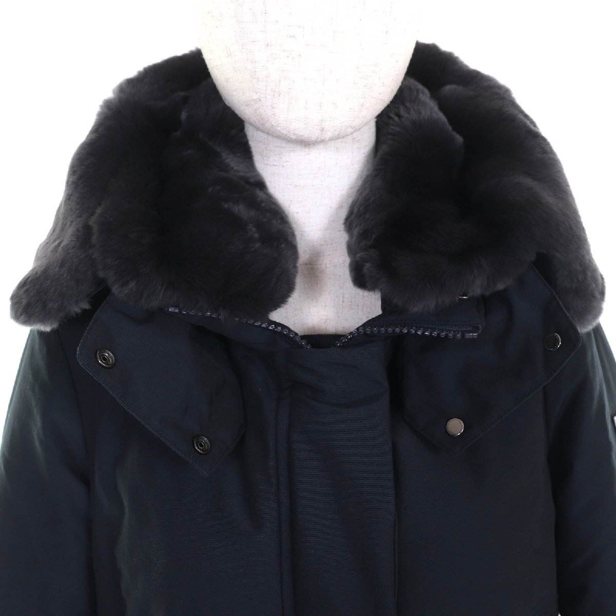美品△WOOLRICH ウールリッチ WWCPS2807 BOW BRIDGE COAT ボウブリッジコート ラビットファー フード付 ダウンコート ネイビー XS 正規品_画像5