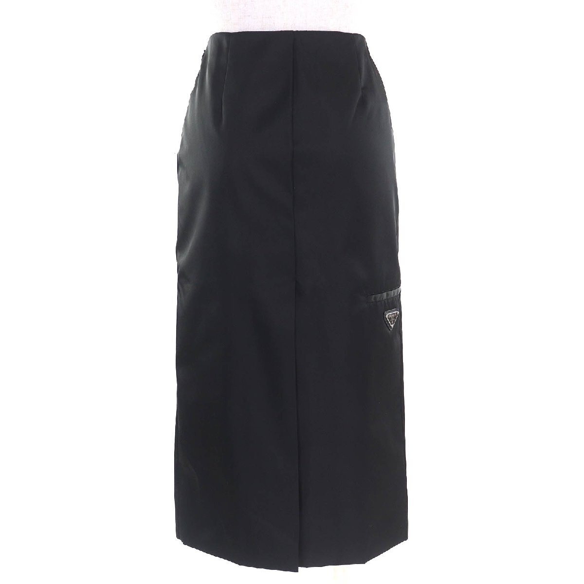  прекрасный товар ^PRADA Prada 2022 год производства 21H924 треугольник Logo треугольник plate Re Nylon длинный узкая юбка черный 36 стандартный товар женский 