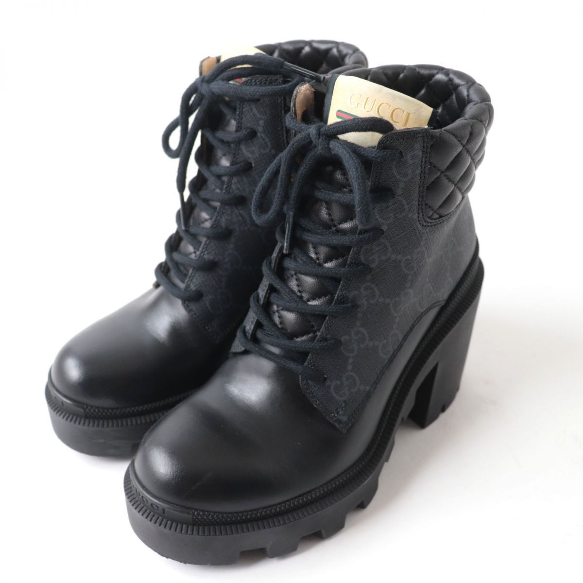 【ドンドン見直し】良品★定価145200円 グッチ 659691 GG ウィメンズ アンクルブーツ GGスプリームキャンバス×レザー グレー×黒 35_画像1