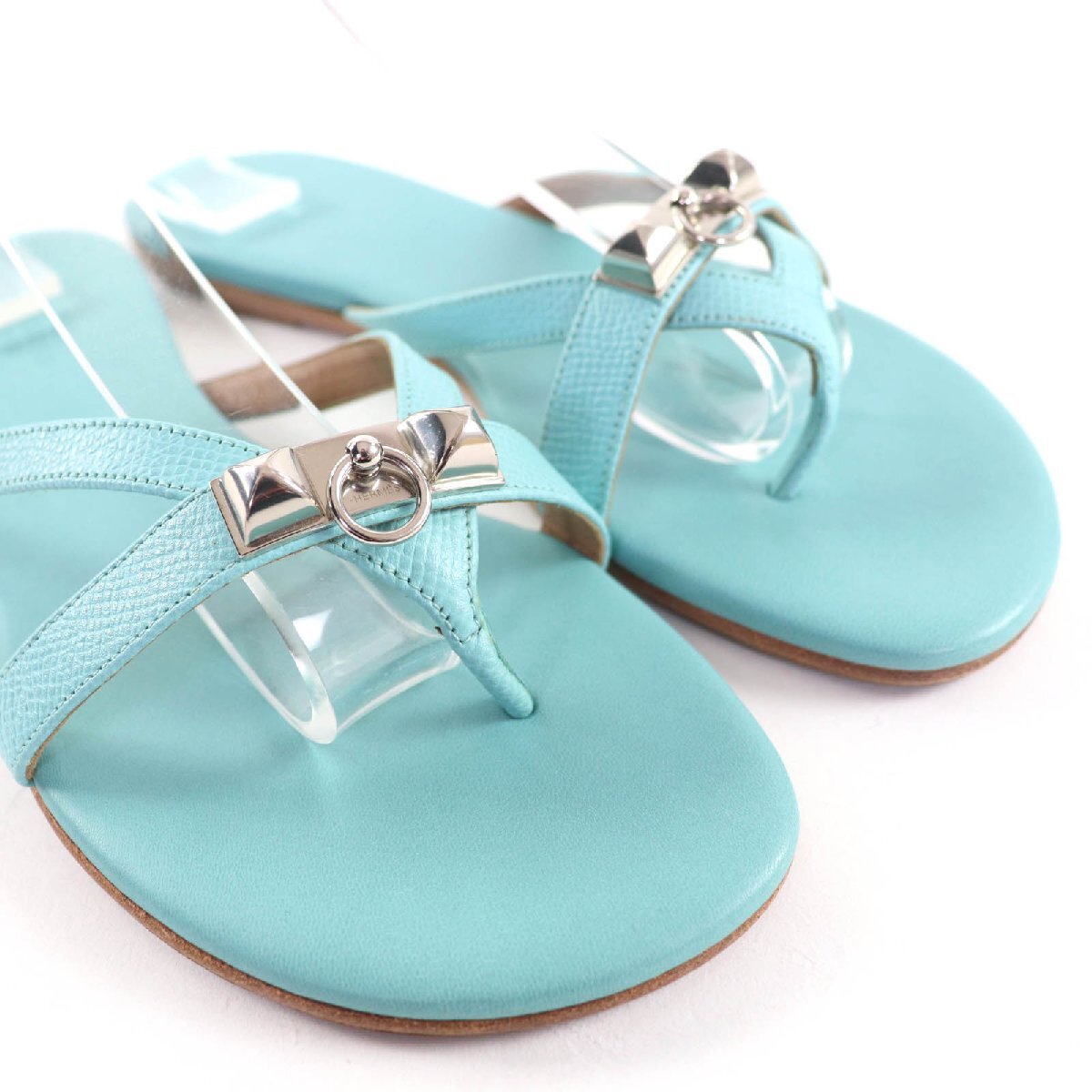 美品☆HERMES エルメス シルバー金具 メドール金具 レザー フラット トング サンダル ライトブルー 36 スペイン製 レディース_画像7