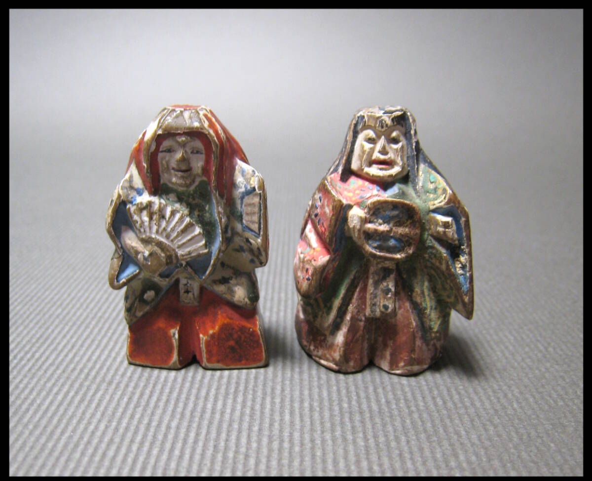 奈良 一刀彫 彩色 根付 2点 木彫 能楽 4.8cm 提げ物 骨董 時代 人形  委託品_画像1