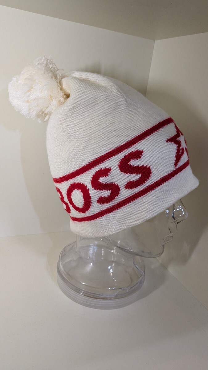 4855送料300円 美品 HUGO BOSS ニットキャップ 帽子 ヒューゴボス ウール ニット帽 ホワイト系 ロゴ ポンポン _画像3