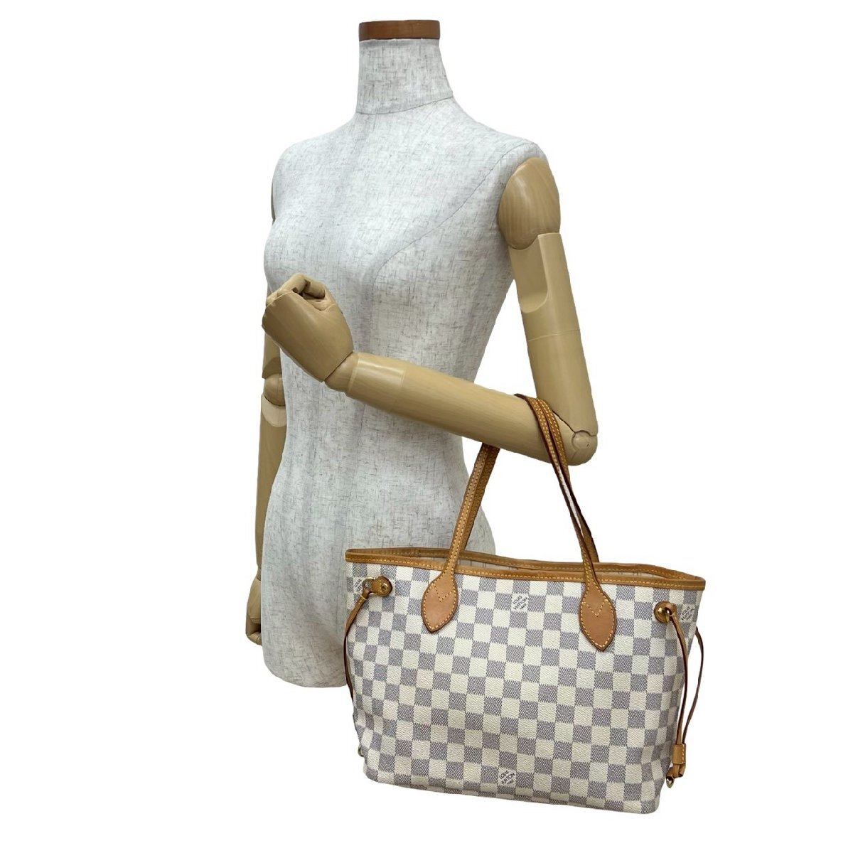 極 美品 LOUIS VUITTON ルイヴィトン ネヴァーフル PM ダミエ アズール レザー 本革 トートバッグ ハンドバッグ オフホワイト s716a_画像3