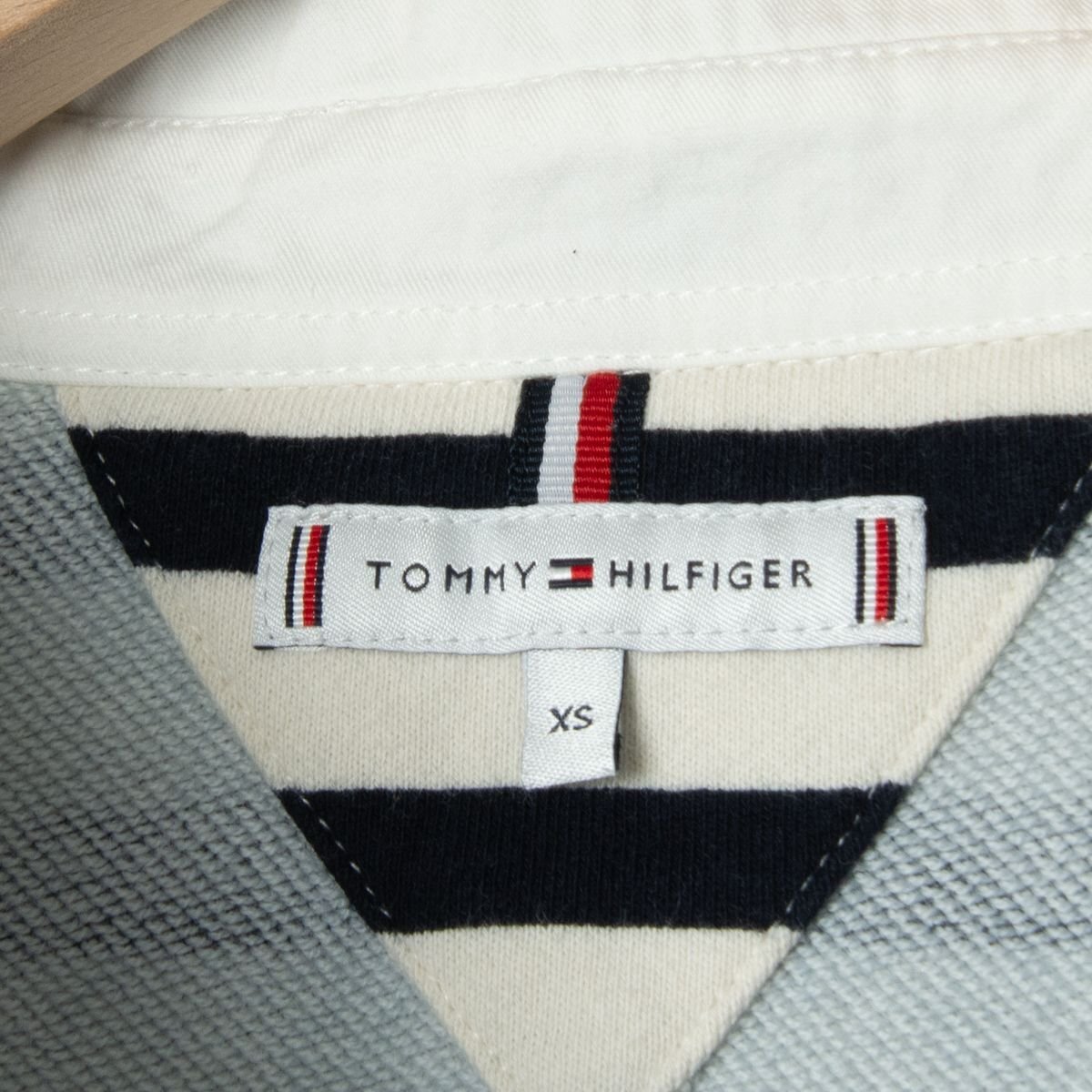 TOMMY HILFIGER トミーヒルフィガー オーバーサイズ ボーダー柄長袖カットソー ラグビーシャツ カジュアル 灰色/紺/オフ白 XS レディース_画像8
