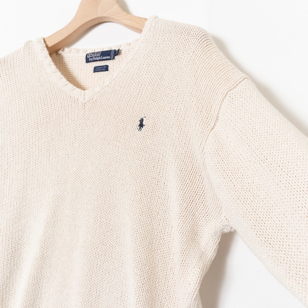 Polo by Ralph Lauren ポロ ラルフローレン 長袖ニット S/Pサイズ コットン100% アイボリー ポニー刺繍 カジュアル トップス 紳士 メンズ_画像2