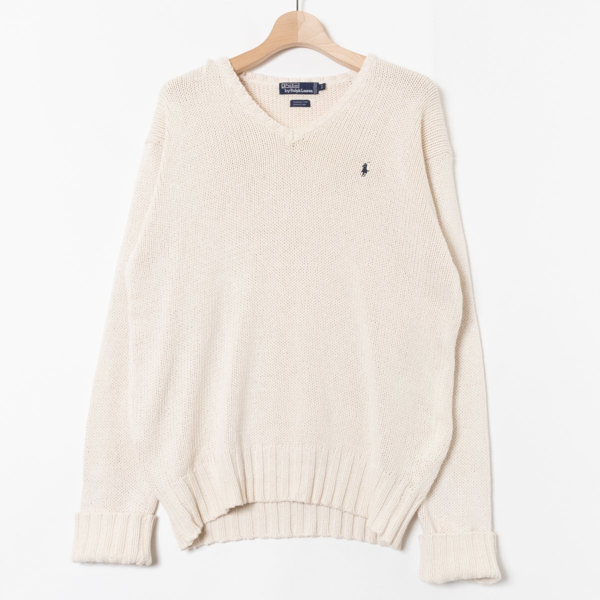 Polo by Ralph Lauren ポロ ラルフローレン 長袖ニット S/Pサイズ コットン100% アイボリー ポニー刺繍 カジュアル トップス 紳士 メンズ_画像1