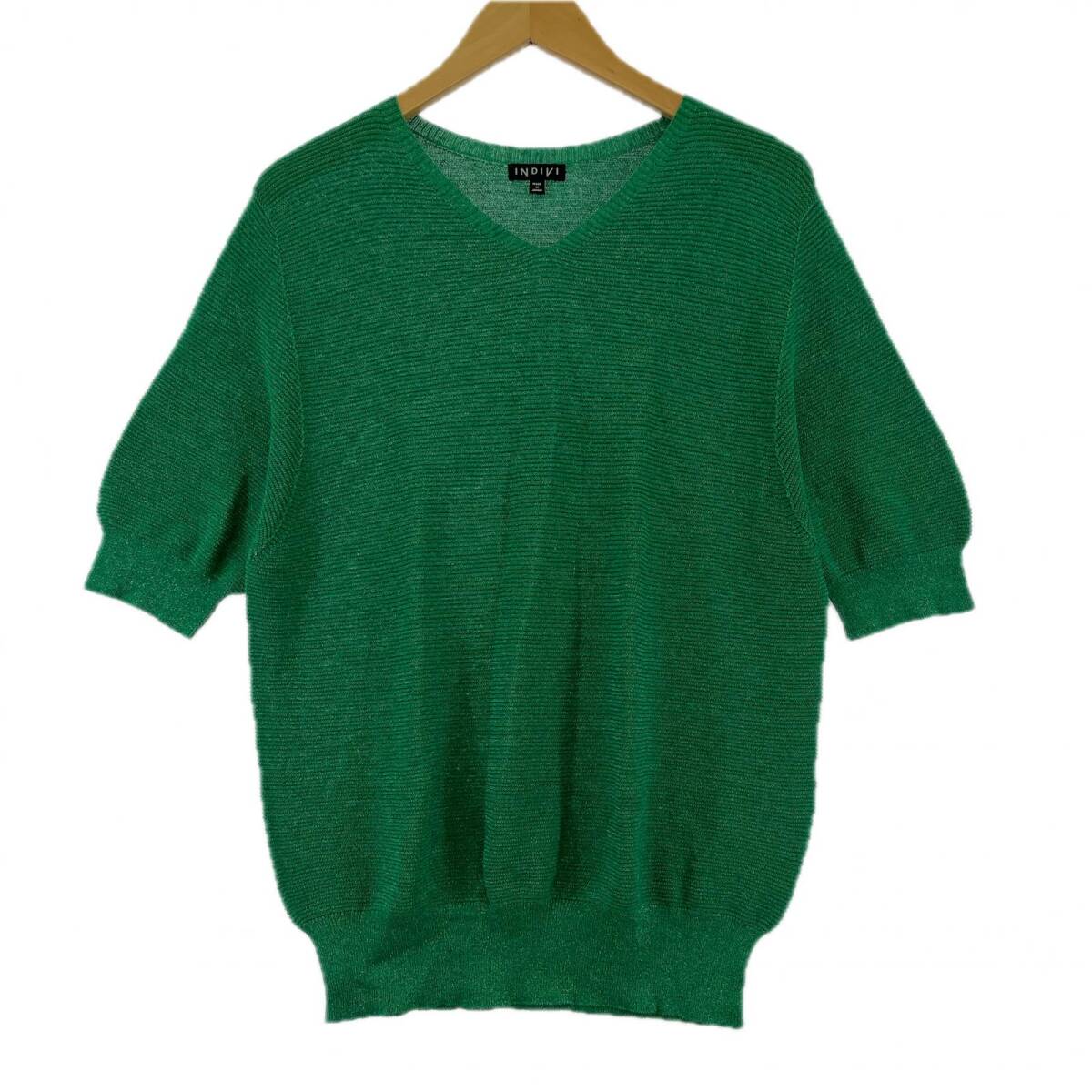 INDIVI インディヴィ Vネック サマー ニット size13/ラメグリーン_画像1