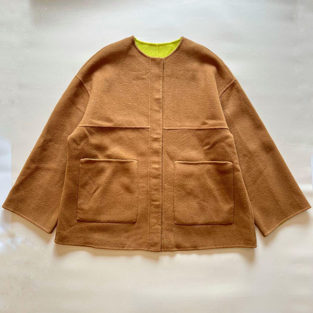 美品シップス　SUPER140 配色 リバーシブル ノーカラー コート 　38　ダブルフェイス　リバーコート_画像2