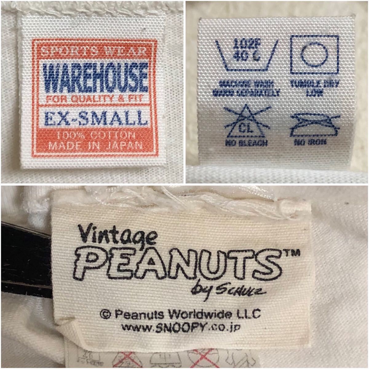 送料込 日本製 ウエアハウス PEANUTS プリントT XSサイズ white USED warehouse ライナス Tシャツ 半袖 白 アメカジ 古着 made in JAPAN_画像7