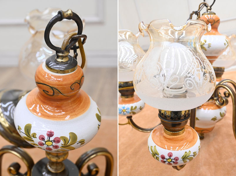 H191M 美品 大型 アンティーク レトロ 作り良い 6灯 シャンデリア 陶器 アイアン 金属製 陶器 天吊照明 _画像7