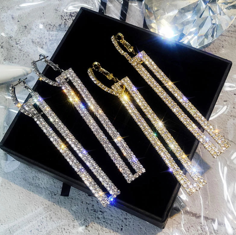 ロングピアスで小顔！きらきらラインストーン ダイヤモンド★両耳 シルバー_画像4