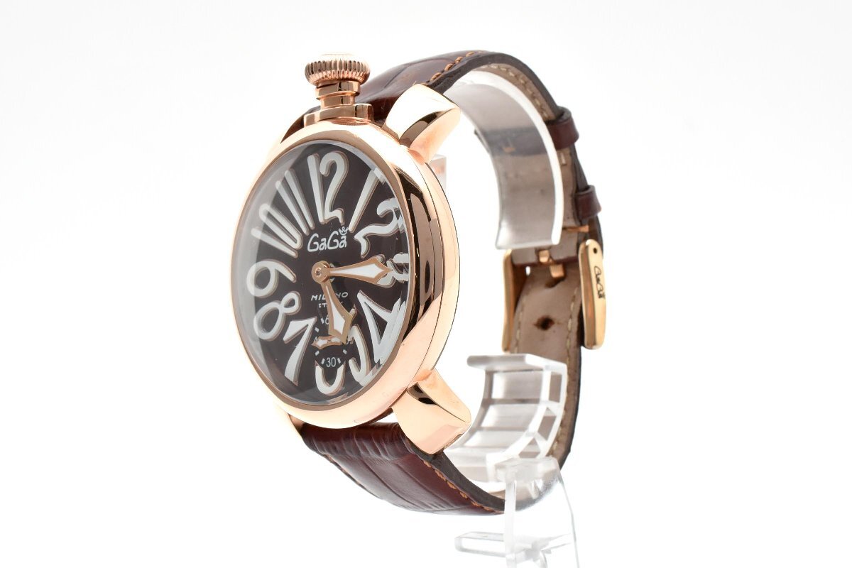 稼働品 ガガミラノ マニュアーレ スモセコ 裏スケ ブラウン ラウンド 手巻き メンズ 腕時計 GaGaMILANO_画像2