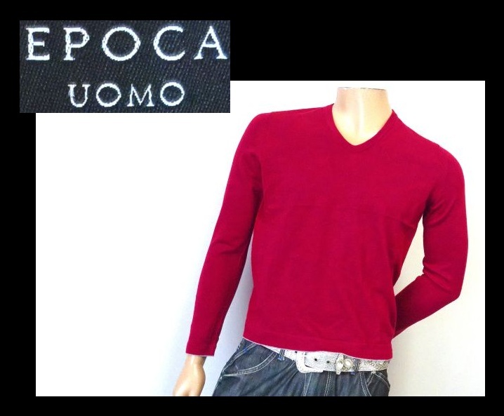 【074-80】EPOCA UOMOエポカウオモ★ボルドー羊毛100%Vネック薄手ニット/サイズ46_画像1